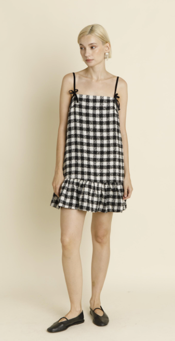 The Plaid Velvet Bow Trim Tweed Mini Dress