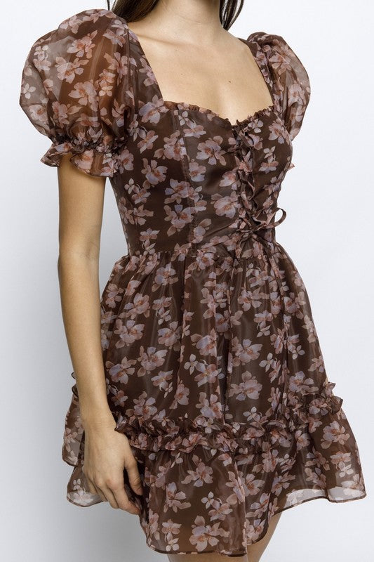 Brown floral ruffled A-line mini dress