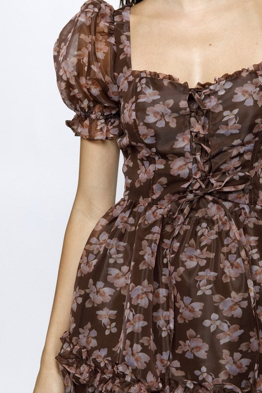 Brown floral ruffled A-line mini dress