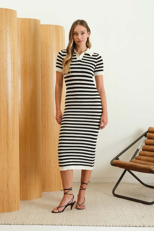 Stripe Crochet Knit Collared Midi Dress