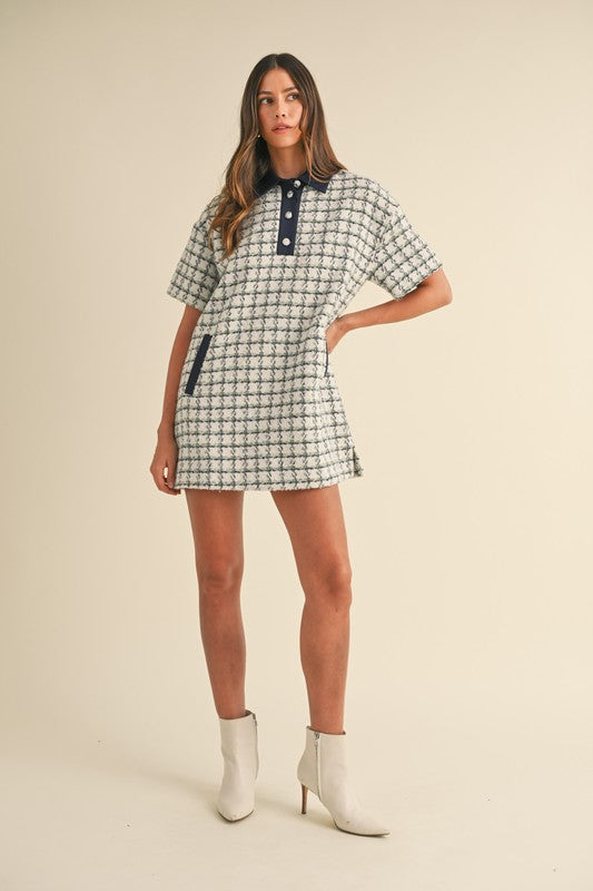 Shirt Style Collared Plaid Tweed Mini Dress