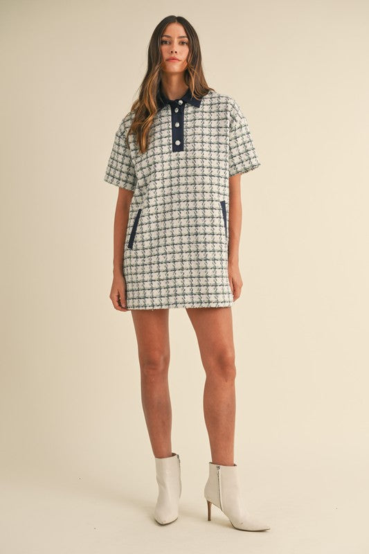 Shirt Style Collared Plaid Tweed Mini Dress