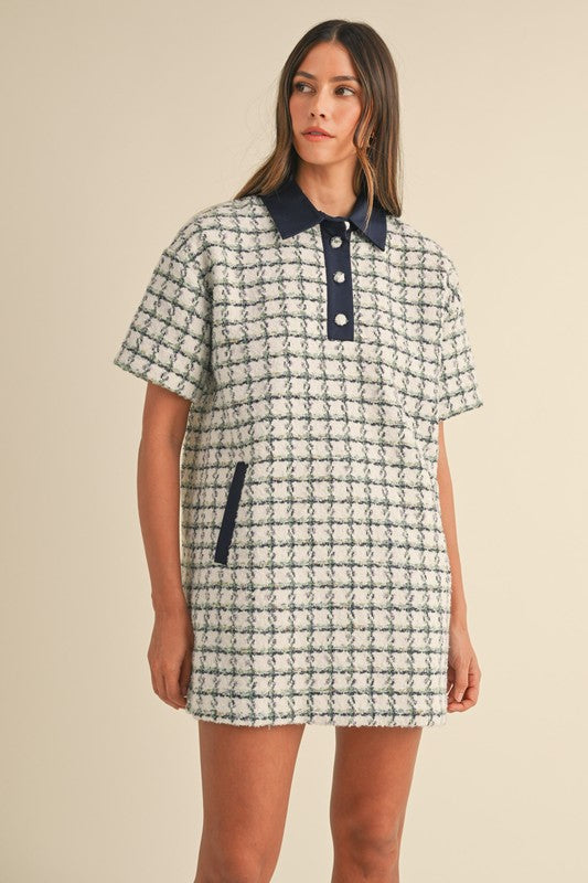 Shirt Style Collared Plaid Tweed Mini Dress