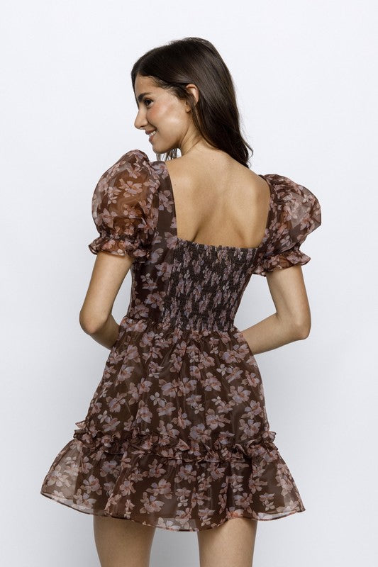 Brown floral ruffled A-line mini dress