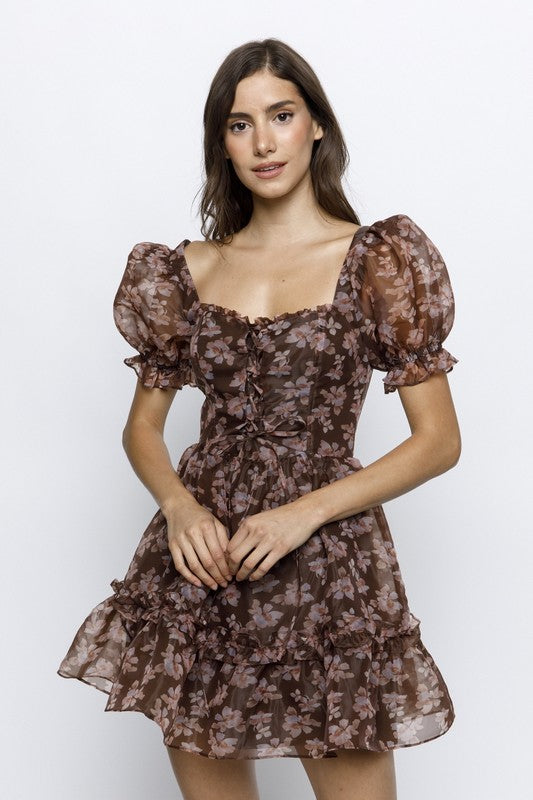 Brown floral ruffled A-line mini dress