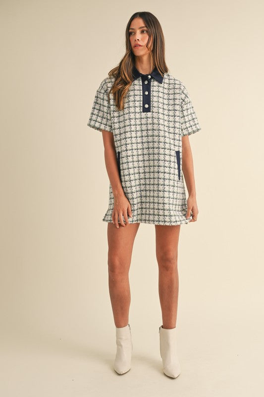 Shirt Style Collared Plaid Tweed Mini Dress